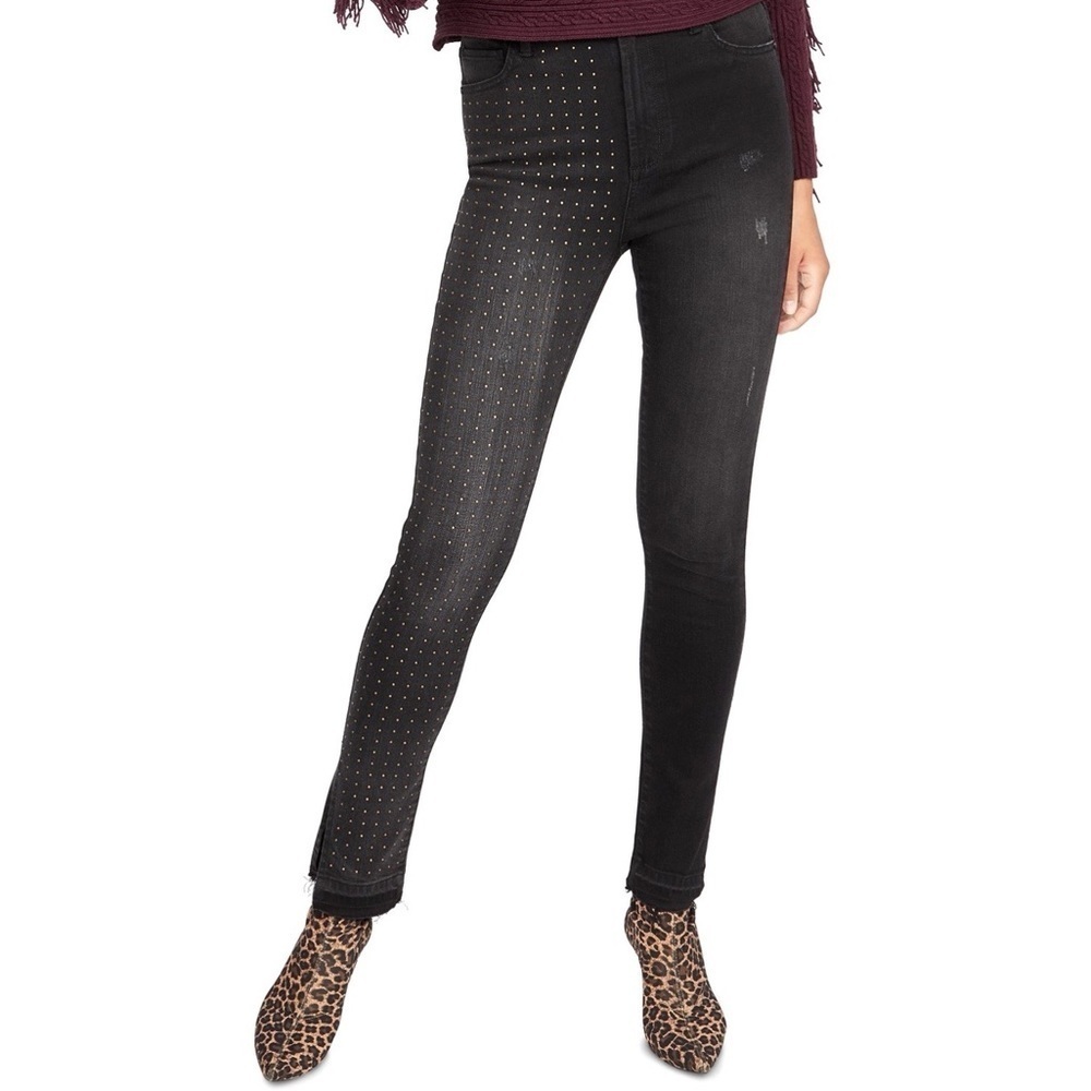 Rachel Roy Black Faded High Rise Studded Raw Hem Skinny Jeans Size 24 NWT